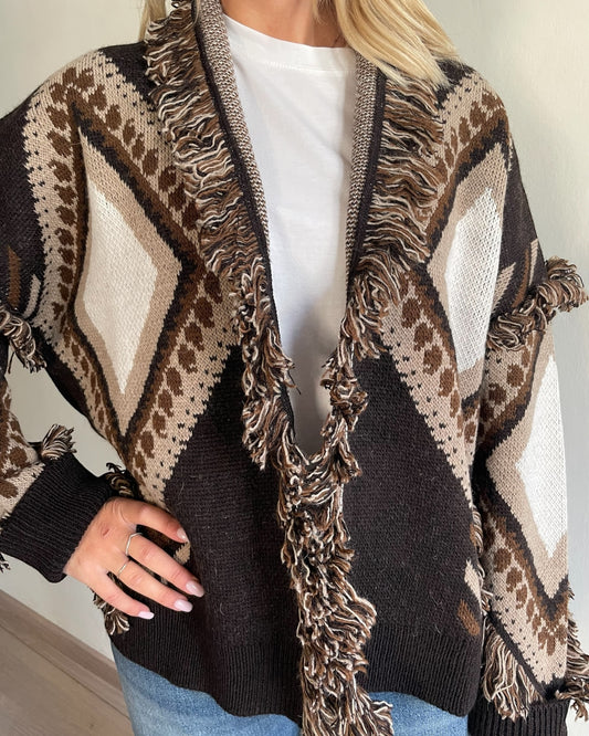 Cardigan frange e stampe rombi art. W5HMG65A400 TENSIONE IN