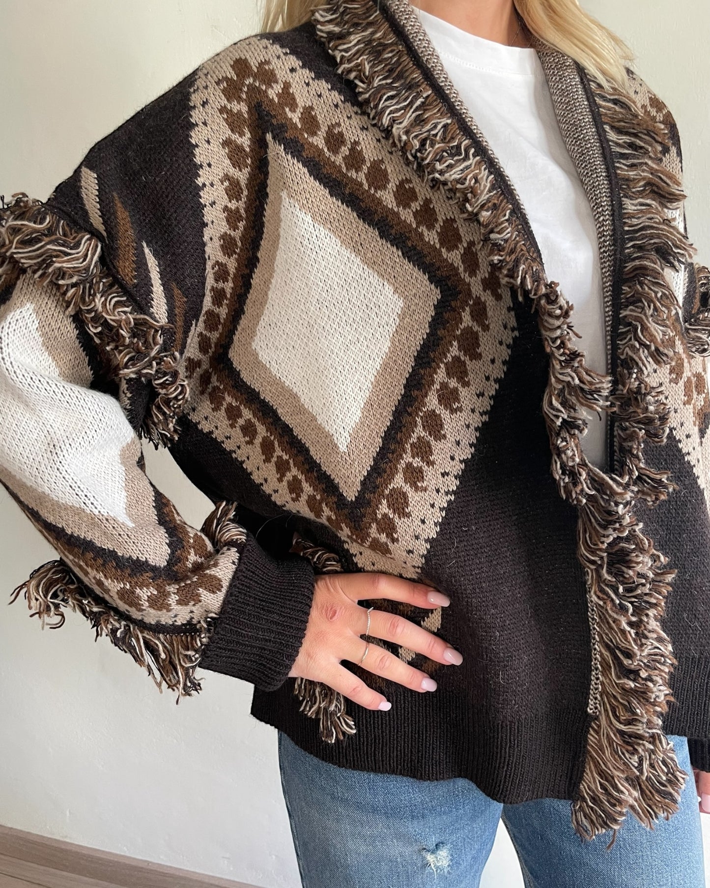 Cardigan frange e stampe rombi art. W5HMG65A400 TENSIONE IN