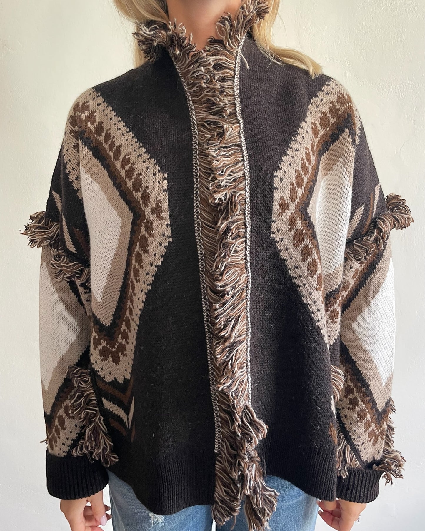 Cardigan frange e stampe rombi art. W5HMG65A400 TENSIONE IN