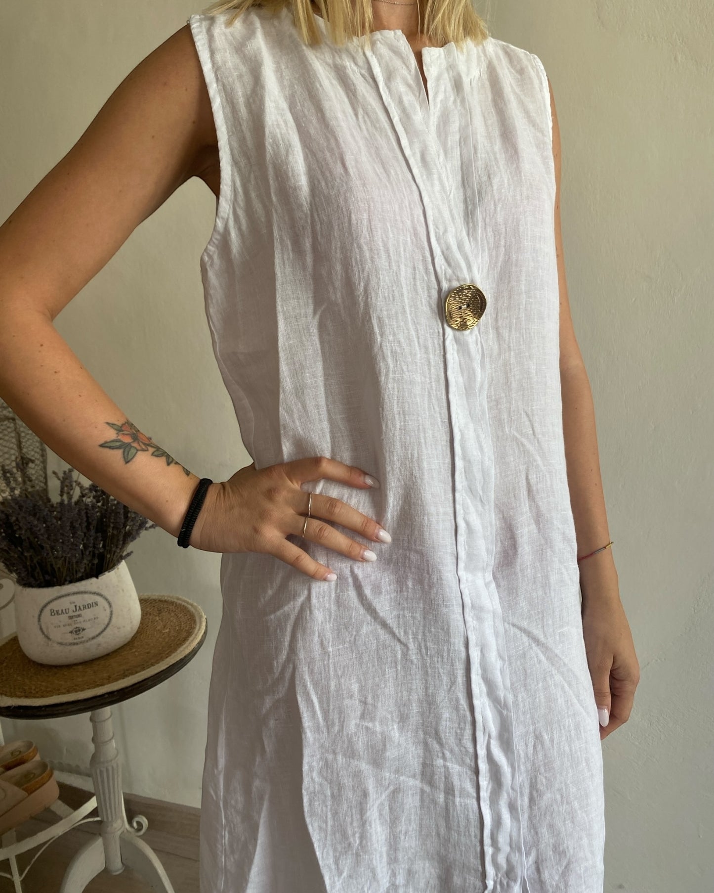 Abito lino più lungo dietro con spalla larga e bottone davanti CHEAP&CHIC art.6428