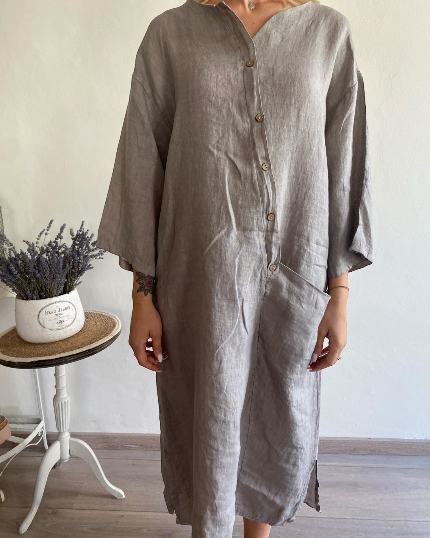 Abito lino manica 3/4 con bottoni davanti e tasca CHEAP&CHIC art.7404
