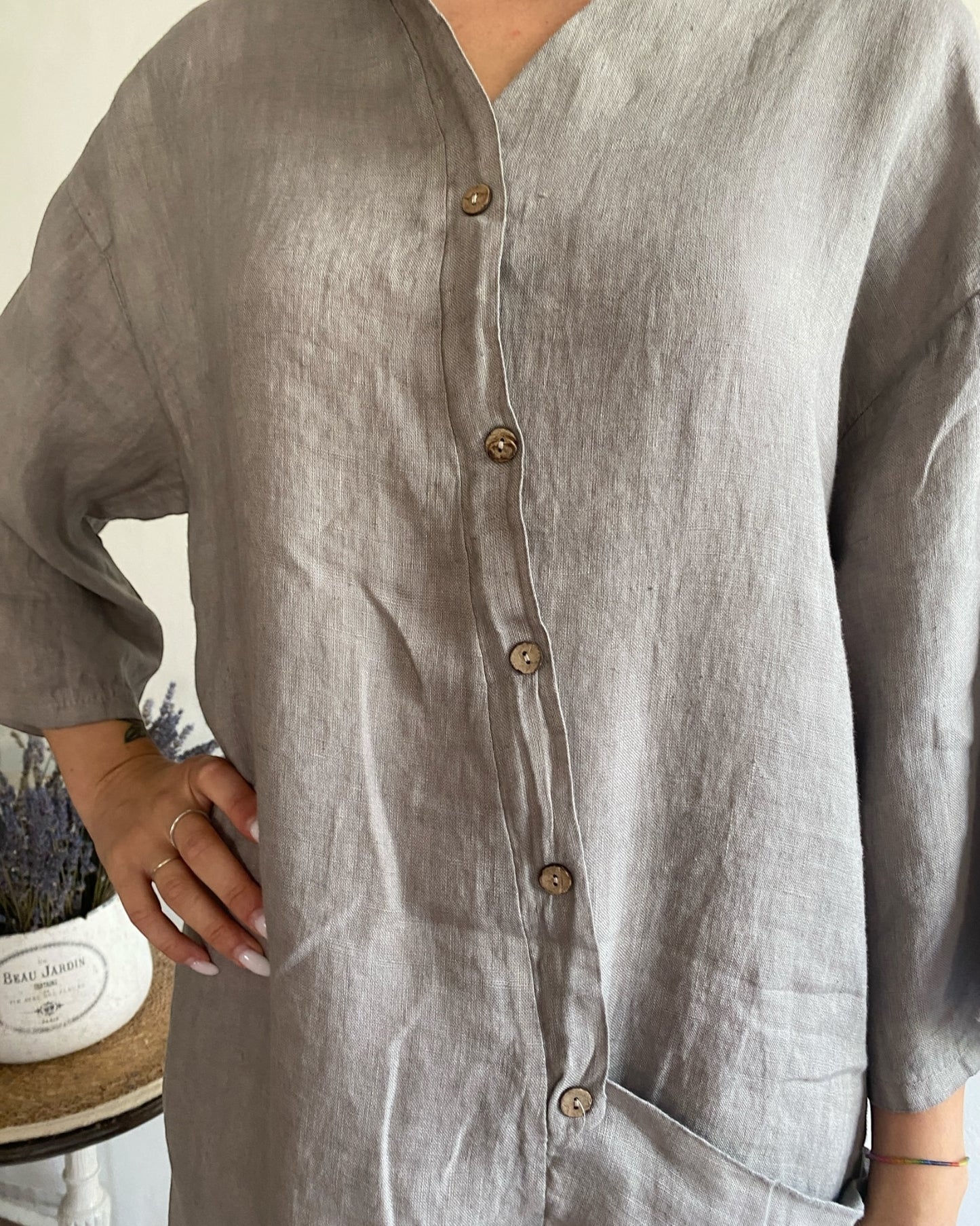 Abito lino manica 3/4 con bottoni davanti e tasca CHEAP&CHIC art.7404