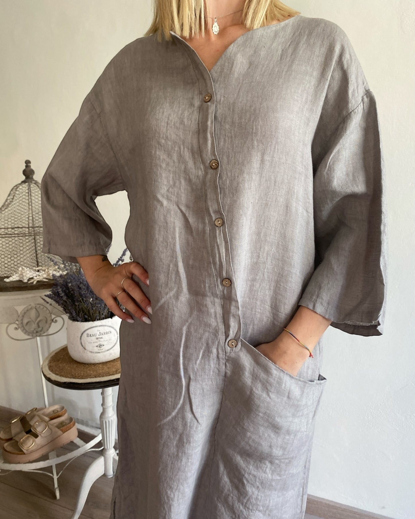 Abito lino manica 3/4 con bottoni davanti e tasca CHEAP&CHIC art.7404