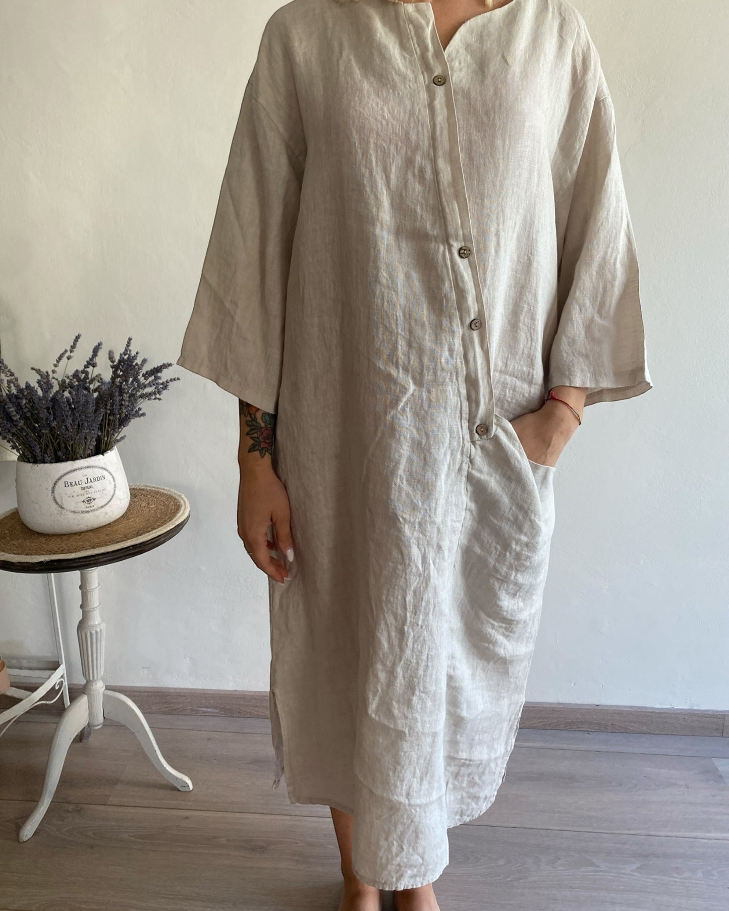 Abito lino manica 3/4 con bottoni davanti e tasca CHEAP&CHIC art.7404