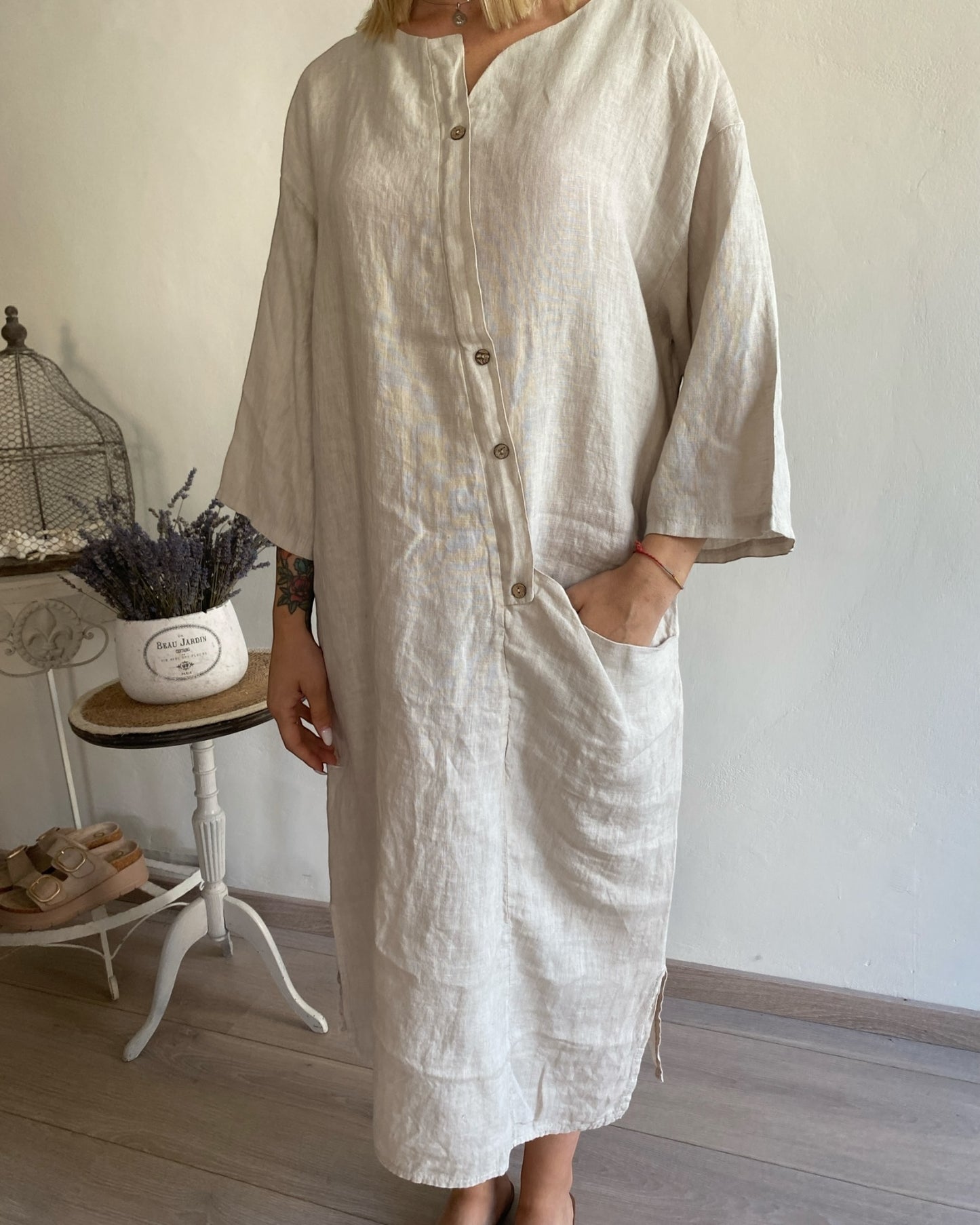 Abito lino manica 3/4 con bottoni davanti e tasca CHEAP&CHIC art.7404