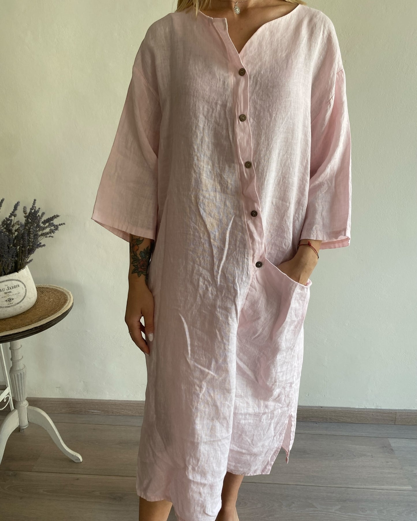 Abito lino manica 3/4 con bottoni davanti e tasca CHEAP&CHIC art.7404