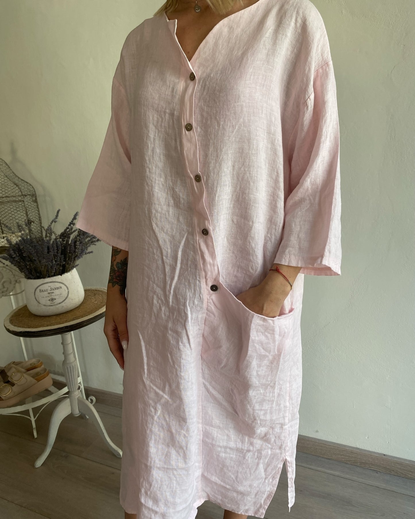 Abito lino manica 3/4 con bottoni davanti e tasca CHEAP&CHIC art.7404