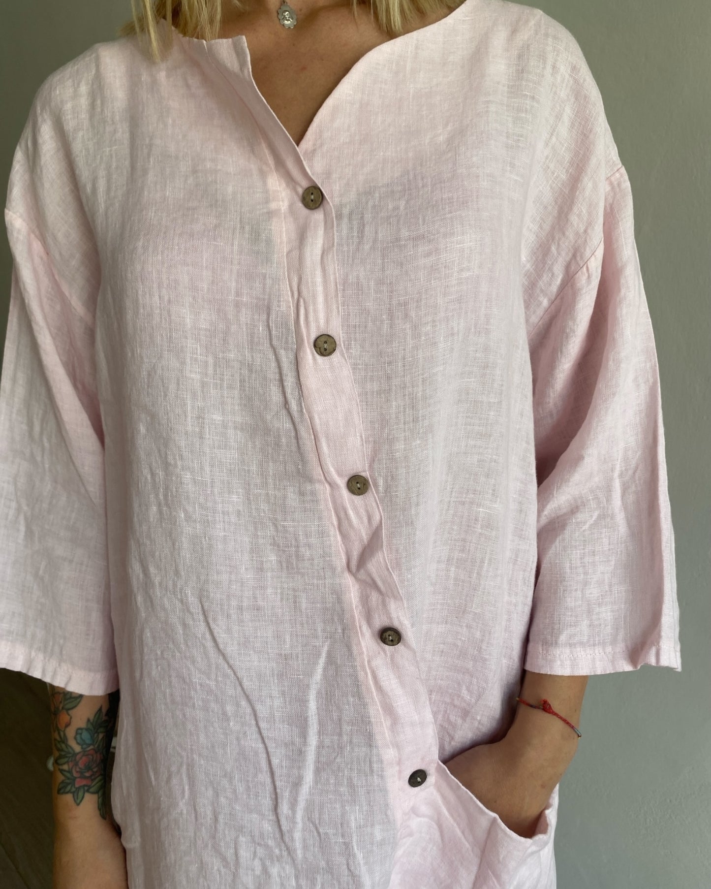 Abito lino manica 3/4 con bottoni davanti e tasca CHEAP&CHIC art.7404