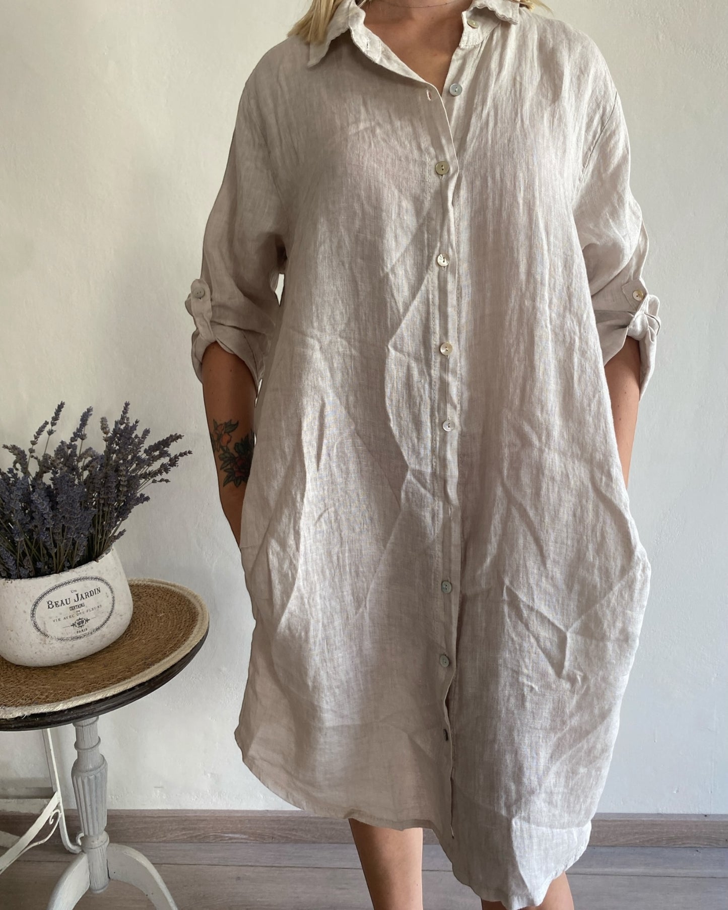 Chemisier lungo lino con manica arrotolata e tasche laterali art.197 CHEAP&CHIC
