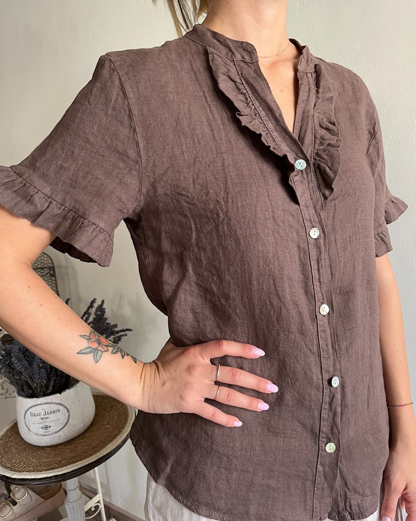Camicia lino mezza manica con scollo V e rouches art.6649 CHEAP&CHIC
