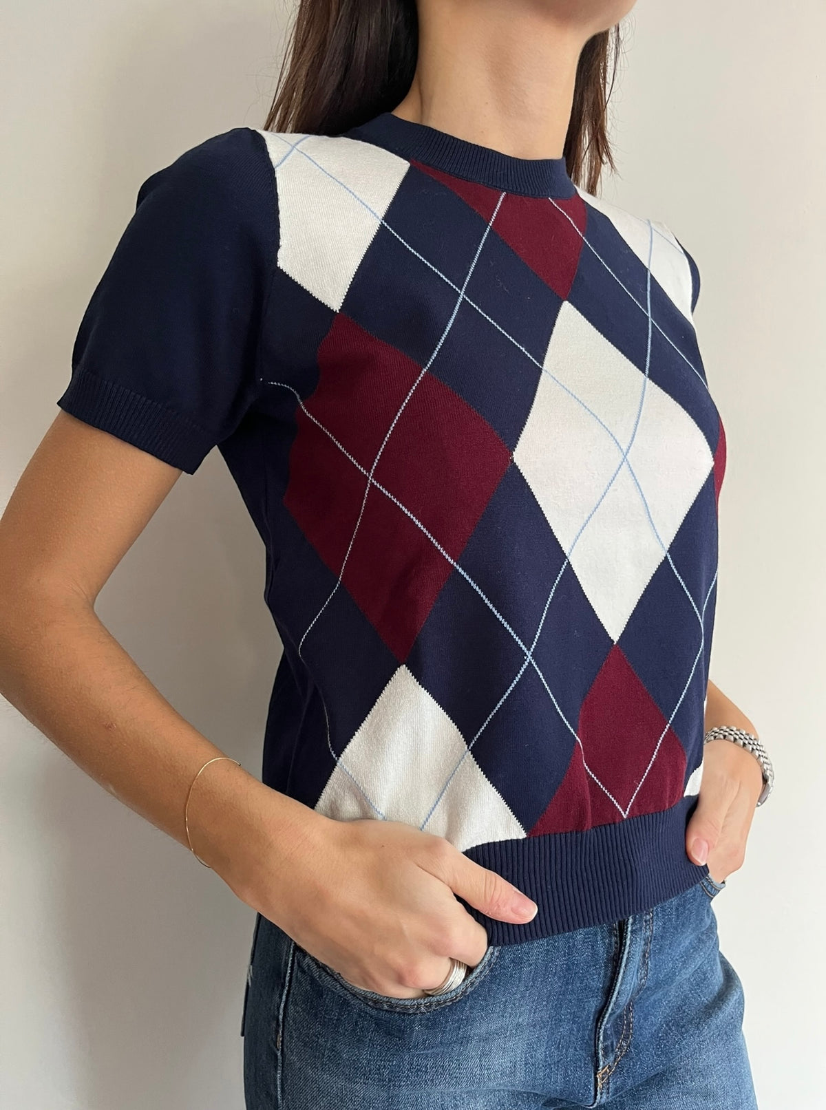 T-shirt girocollo in maglia con rombi art.W6HMJ38A418 TENSIONE IN