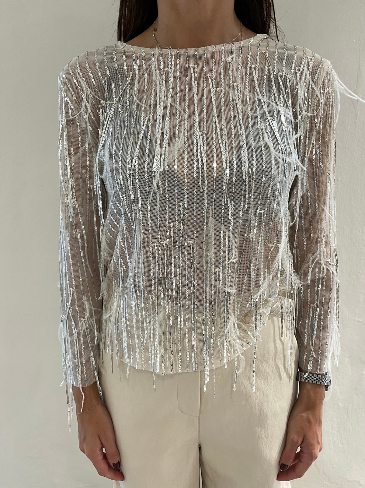 Blusa in tulle con paillettes e piume art. 27C5073 TENSIONE IN