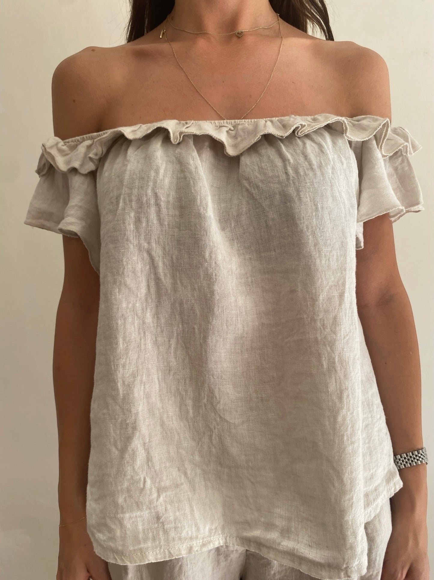 Blusa con scollo ampio e rouches art.7442 100%lino CHEAP&CHIC