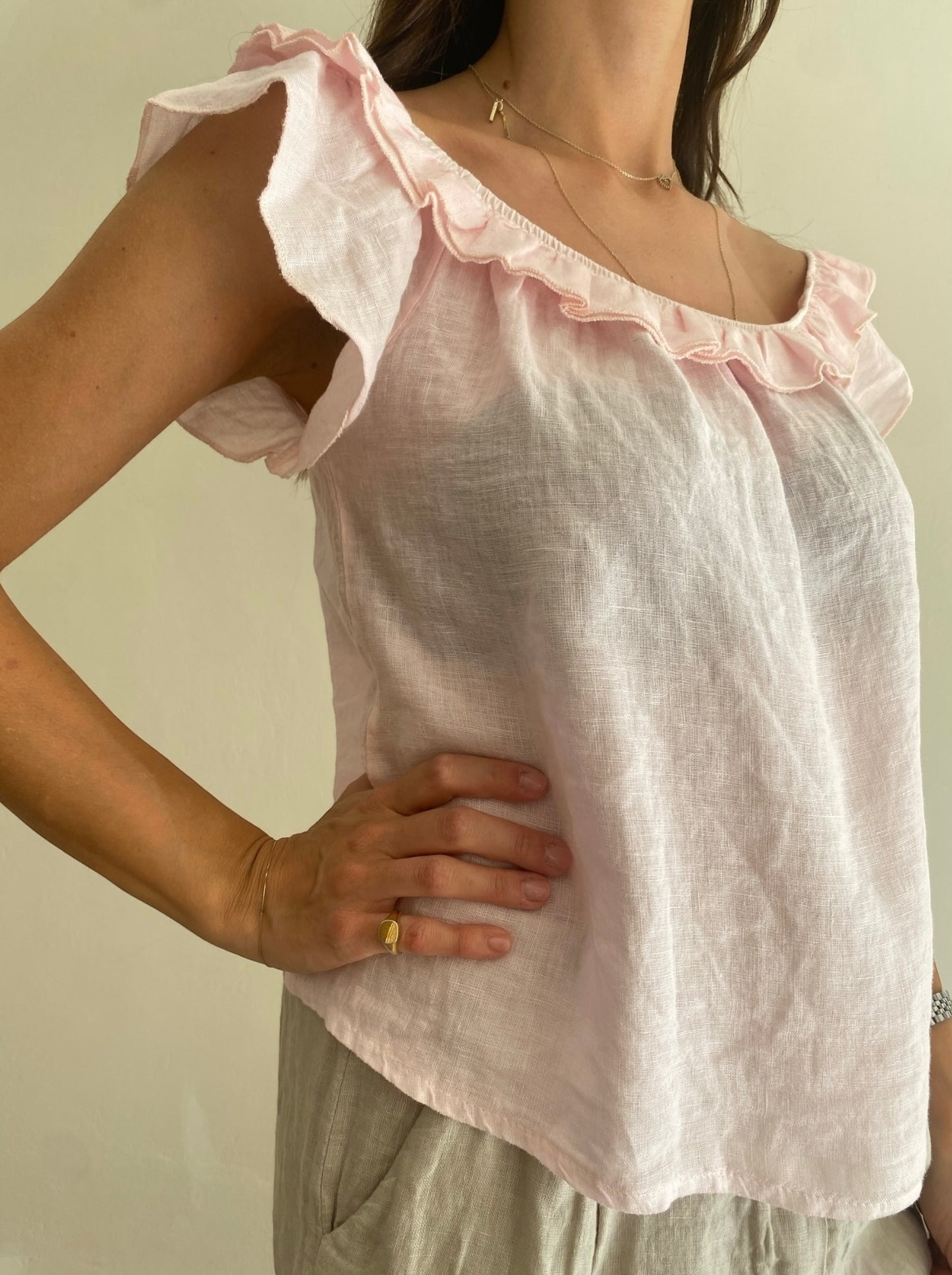 Blusa con scollo ampio e rouches art.7442 100%lino CHEAP&CHIC