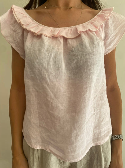 Blusa con scollo ampio e rouches art.7442 100%lino CHEAP&CHIC