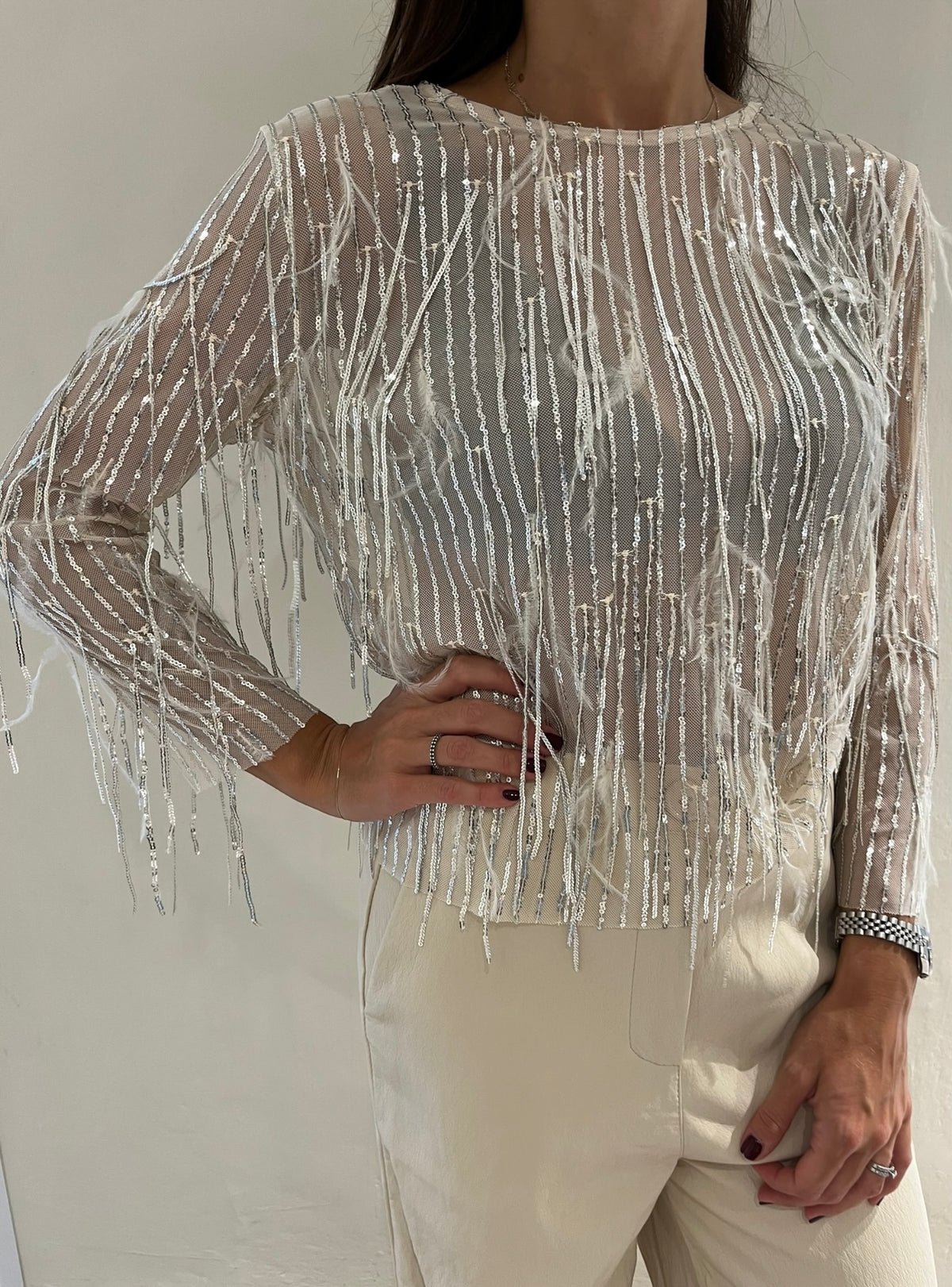 Blusa in tulle con paillettes e piume art. 27C5073 TENSIONE IN