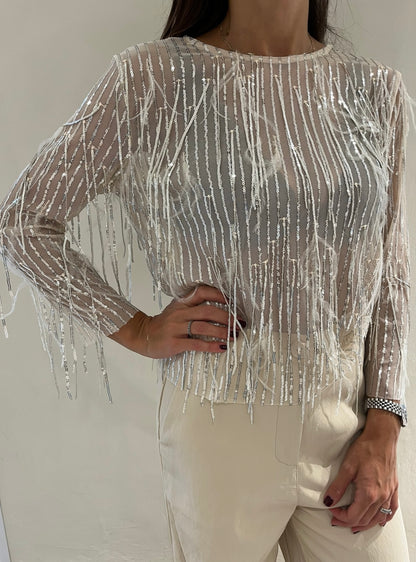 Blusa in tulle con paillettes e piume art. 27C5073 TENSIONE IN