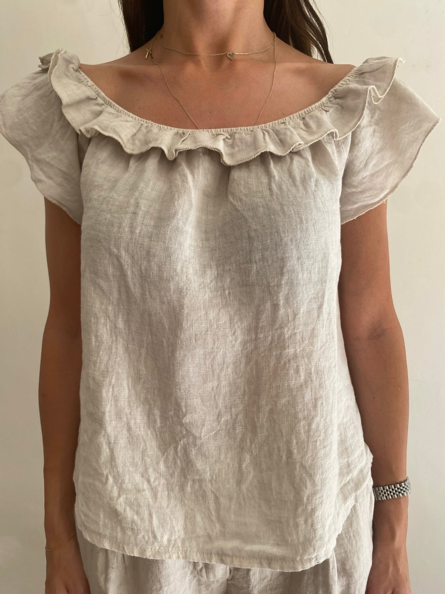 Blusa con scollo ampio e rouches art.7442 100%lino CHEAP&CHIC