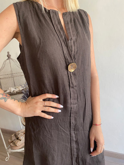 Abito lino più lungo dietro con spalla larga e bottone davanti CHEAP&CHIC art.6428