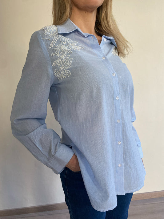 Camicia righe con ricamo perline art. 32493 CARLA FERRONI