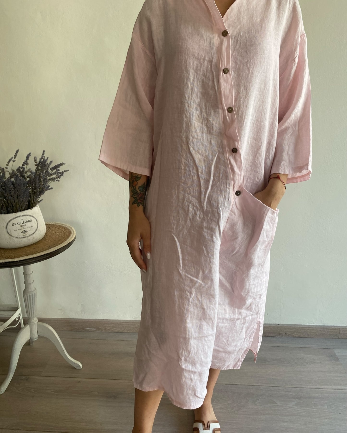 Abito lino manica 3/4 con bottoni davanti e tasca CHEAP&CHIC art.7404