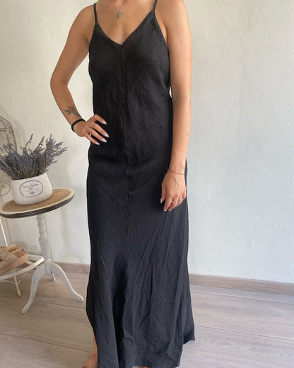 Abito lungo lino scollo V con dietro regolabile art. 7656 CHEAP&CHIC