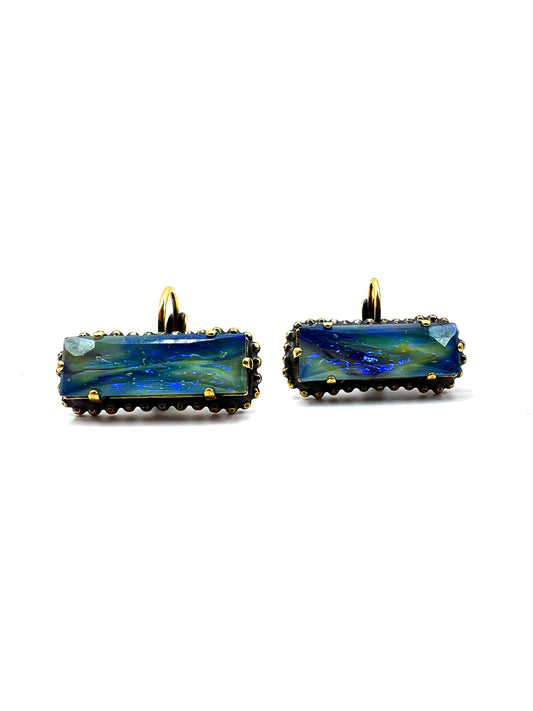 Orecchini rettangolari con vetro iridescente blu-verde DIMITRIADIS