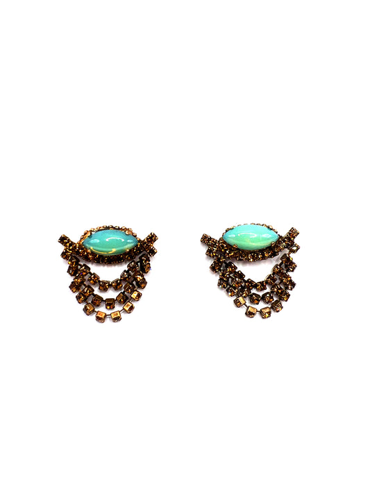 Orecchini con pietra verde acqua e catene di strass DIMITRIADIS